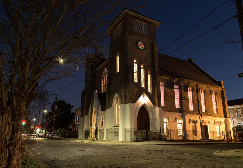 The Felicity Church exterior at night. 